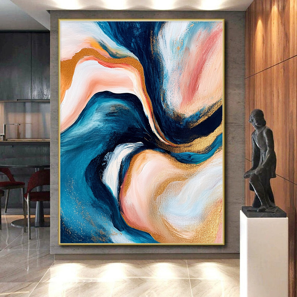 Blue Pink Gold Abstract Painting with Swirling Patterns GER782
