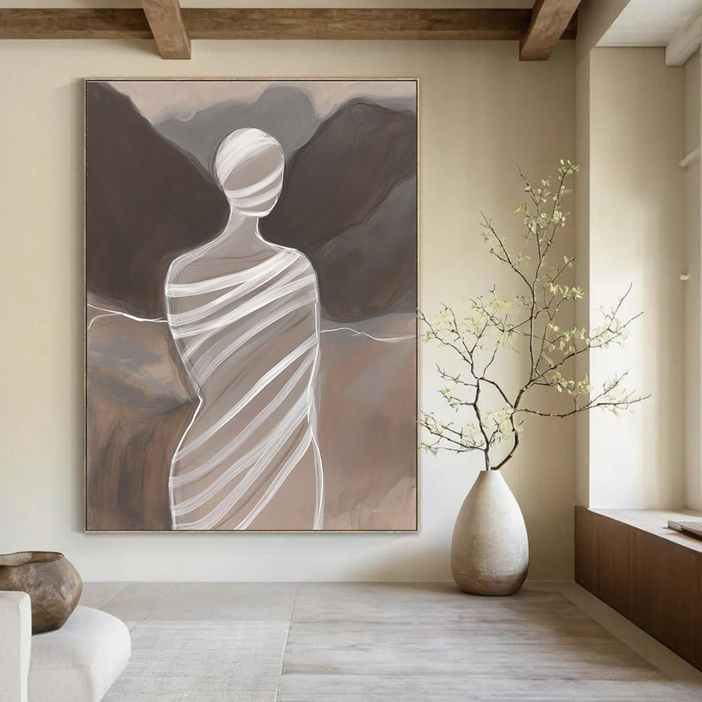 Large abstract painting featuring a faceless woman in striped fabric atop Mount Lao with delicate lines minimalist style and subtle color transitions.STSC1268