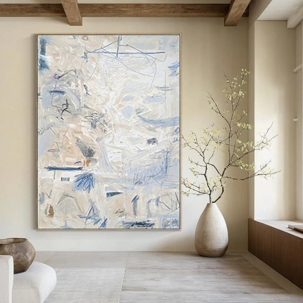 Light Beige and Blue Abstract Painting with Delicate Marks ADGE144