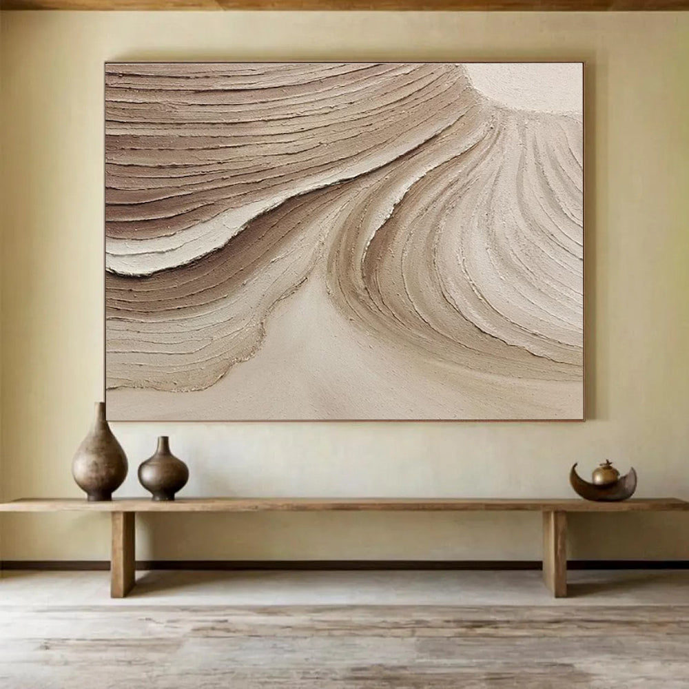 Beige Textured Abstract Painting with Natural, Sand - Like Patterns THY398