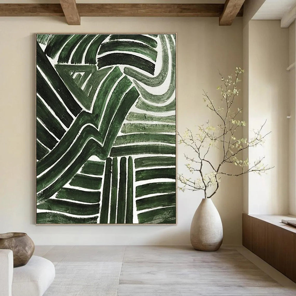 Green Curved Lines Abstract Painting with White Background ADGE492