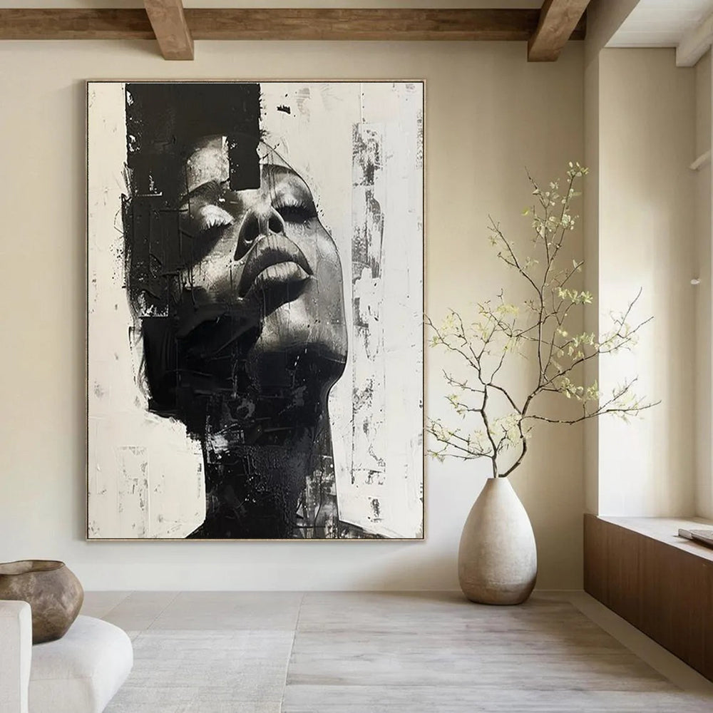 Black and White Textured Portrait Abstract Painting ADGE139