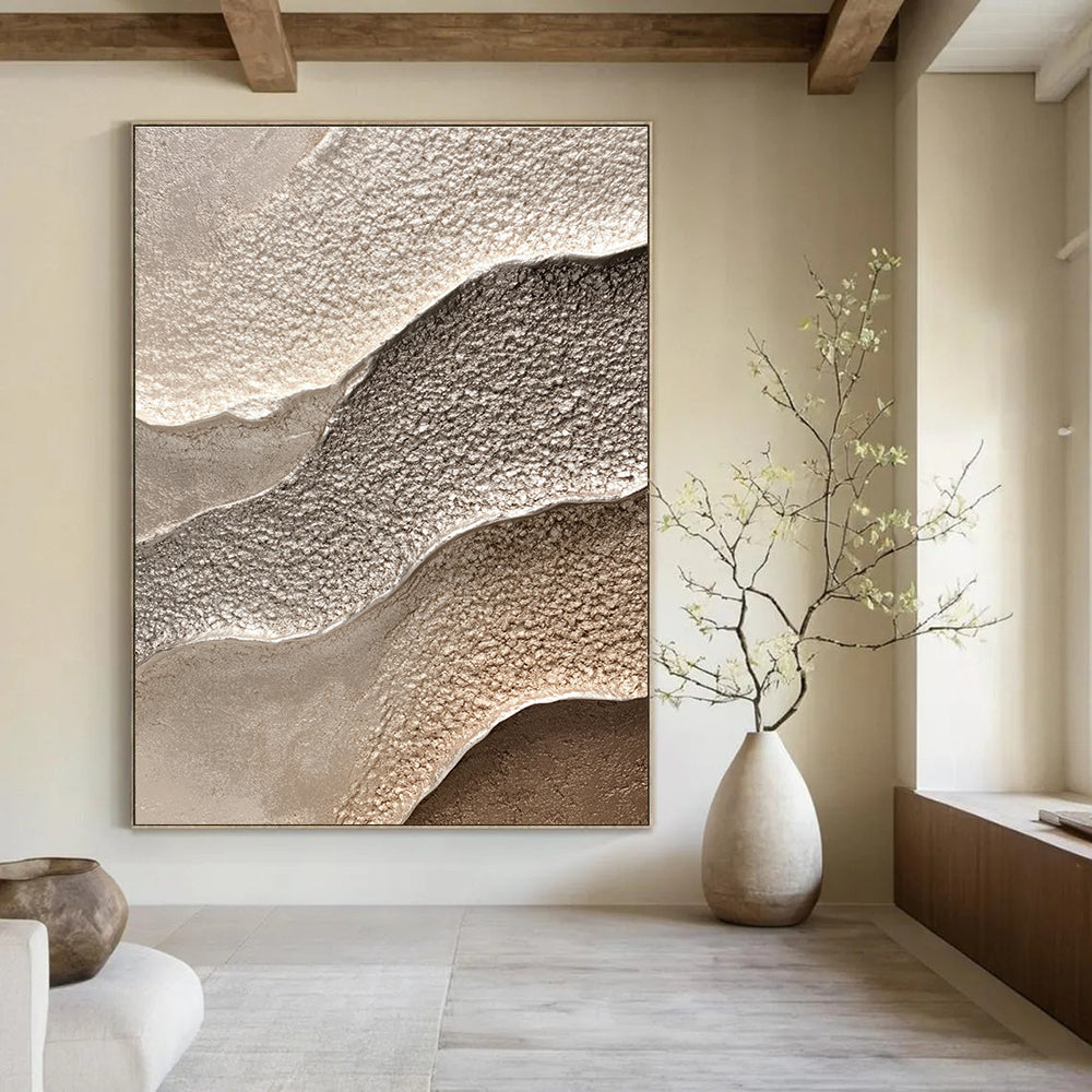 Abstract waves in grey complement detailed textured sandstone in beige and silver, perfect for nature-inspired interior decor.STSC945