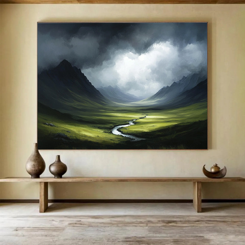 A large abstract painting of the Scottish Highlands featuring stormy skies and dark greenery in a painterly style reminiscent of Greg Rutkowski.SC607