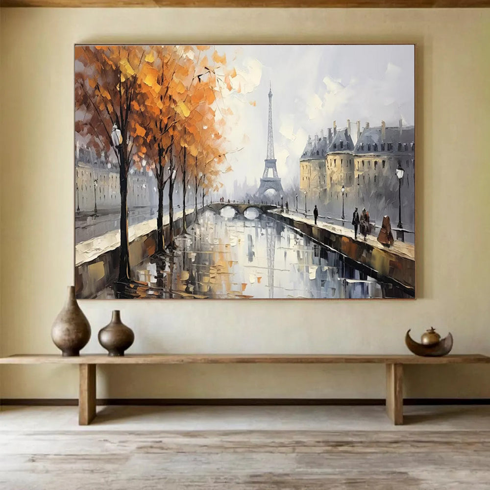 Paris Autumn Scene Abstract Painting with Orange, Grey, and White Tones THY171