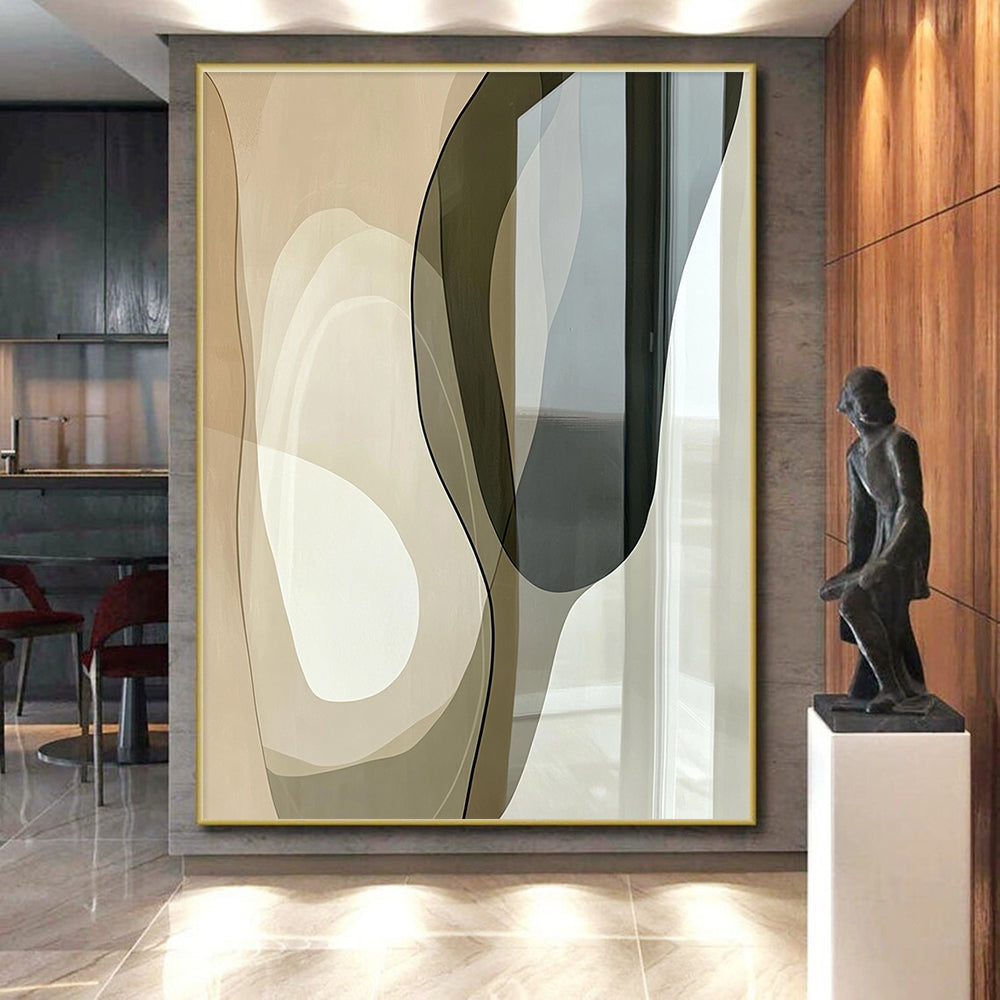 Beige and Black Curved Abstract Painting with Transparent Elements GER045