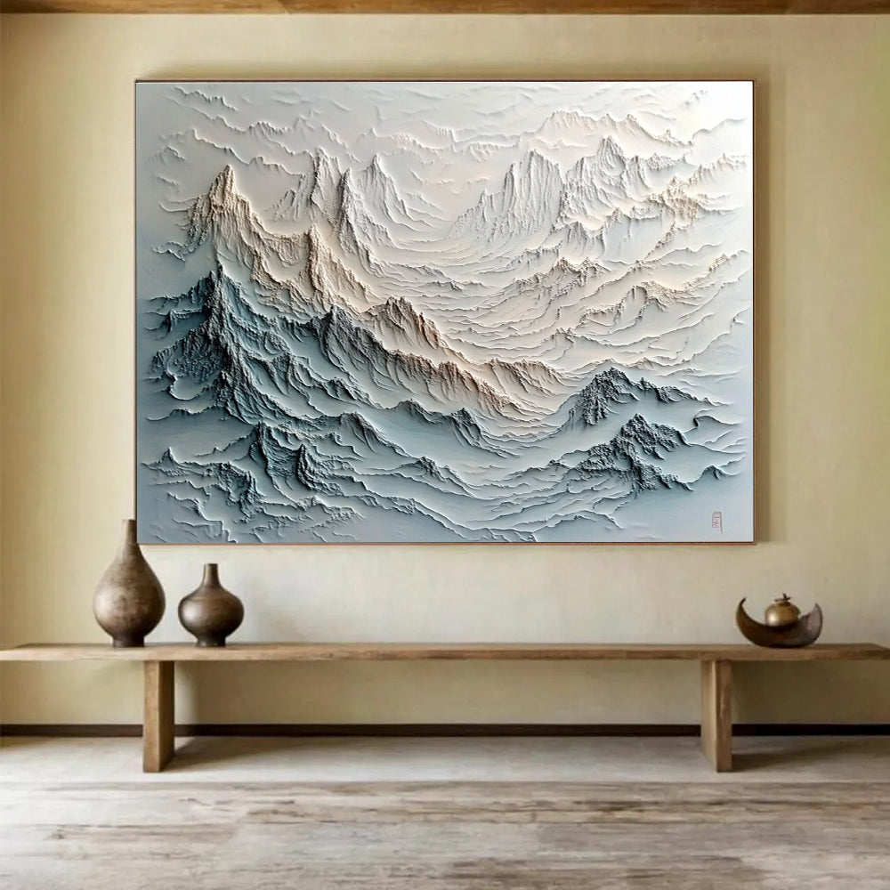 Layered Mountain Range Relief Abstract Painting with Gray and Beige Textures DYP620