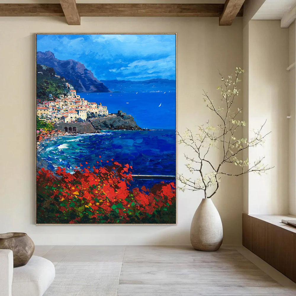 Coastal Village Abstract Painting with Blue and Red Tones ADGE533