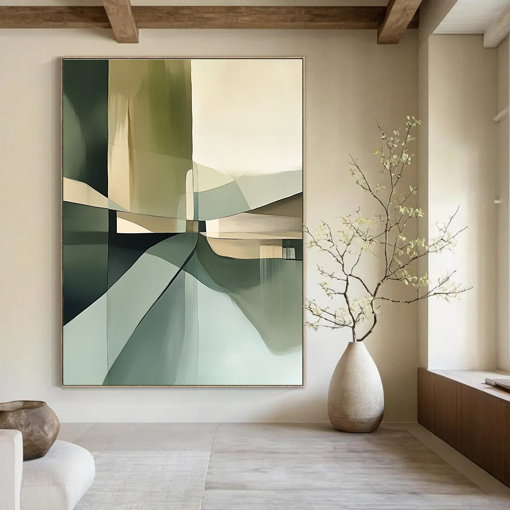 Large abstract painting in neutral green tones featuring brush strokes soft focus muted colors geometric shapes and a detailed textured composition.STSC114