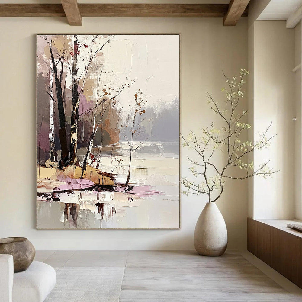 Large abstract painting featuring trees and water in light pink beige brown and gray tones with thick brush strokes and palette knife technique.STSC1396