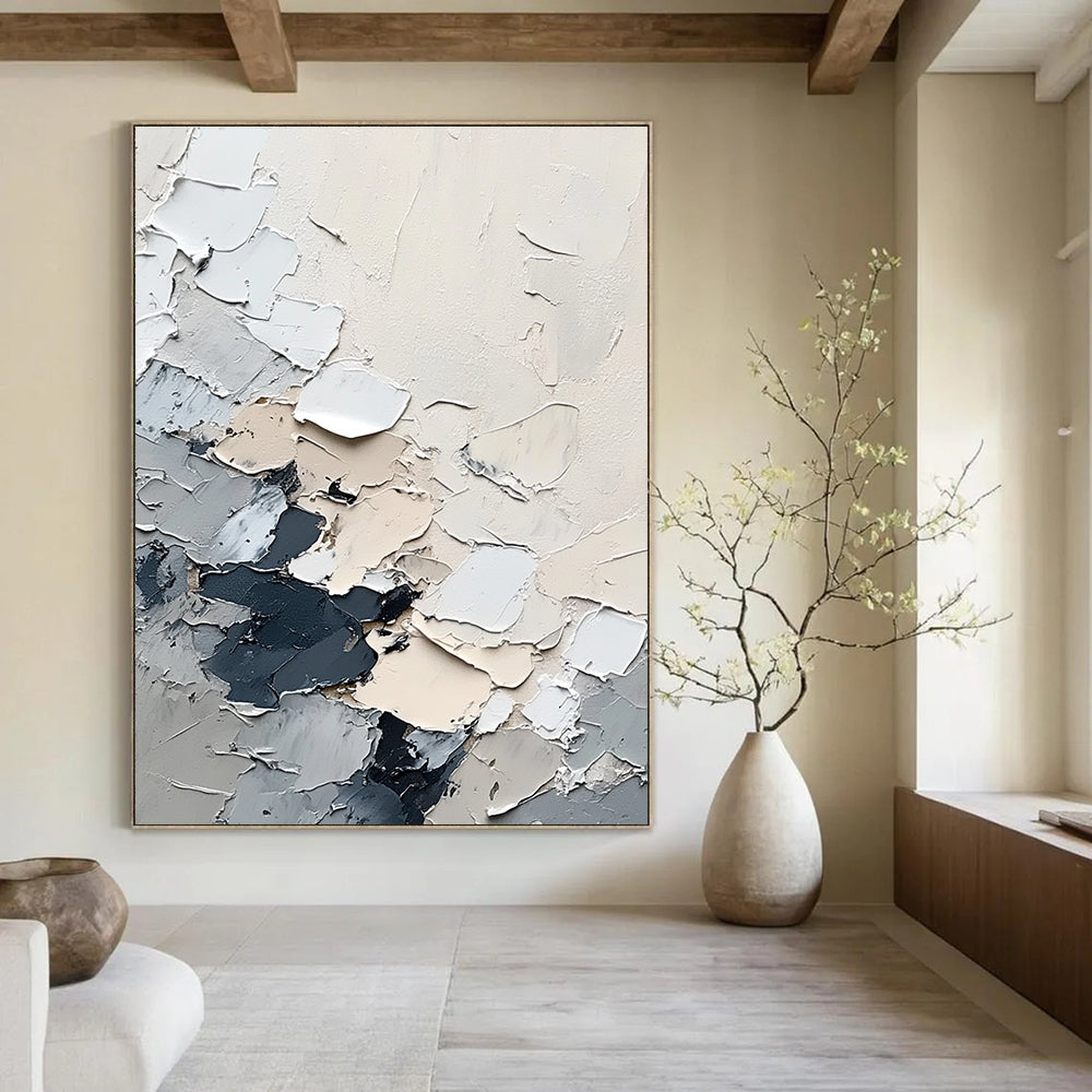 Large abstract painting of snow in grey and white with depth and texture created using a palette knife and a bird's-eye view perspective.STSC567