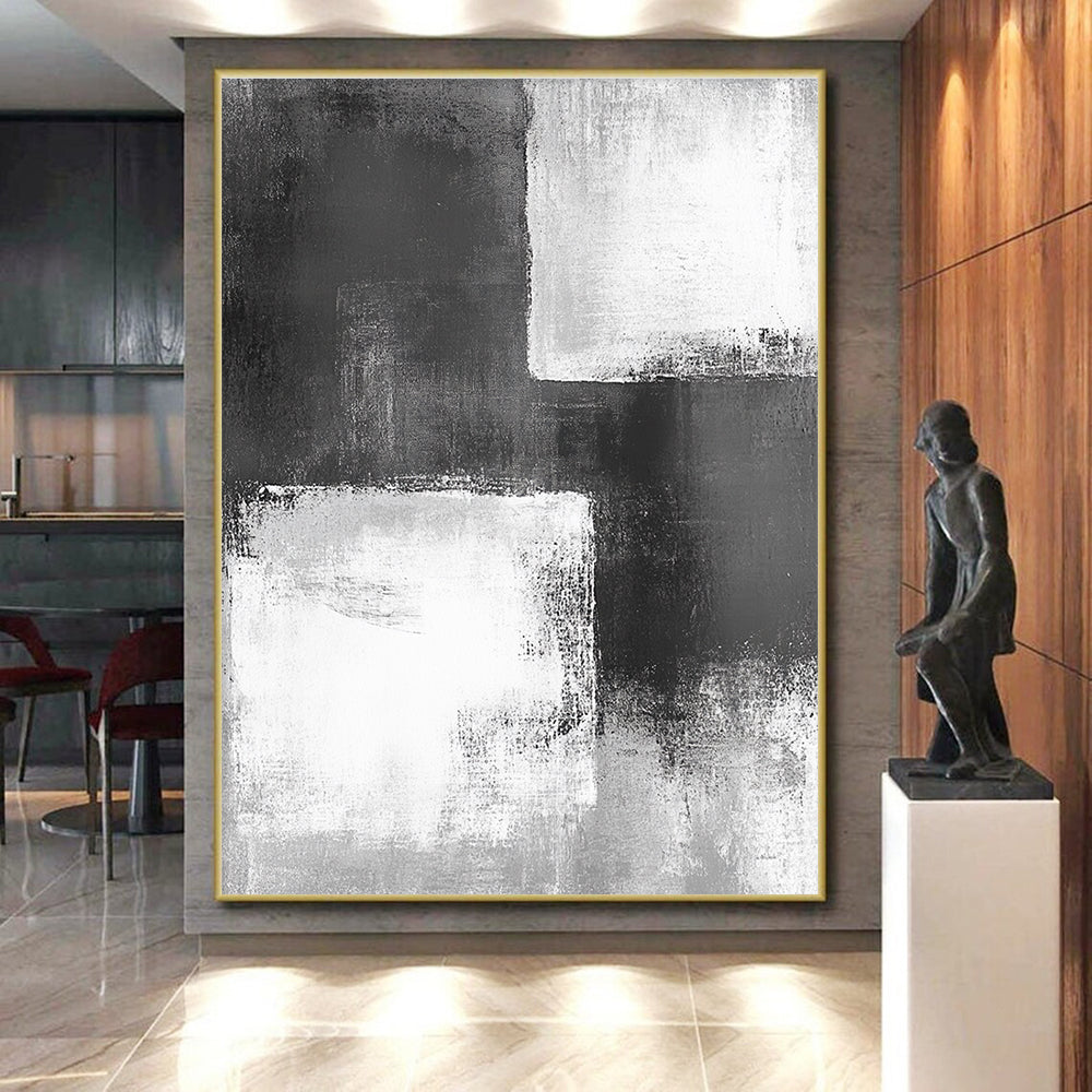 Black White and Gray Abstract Painting with Geometric Forms GER421