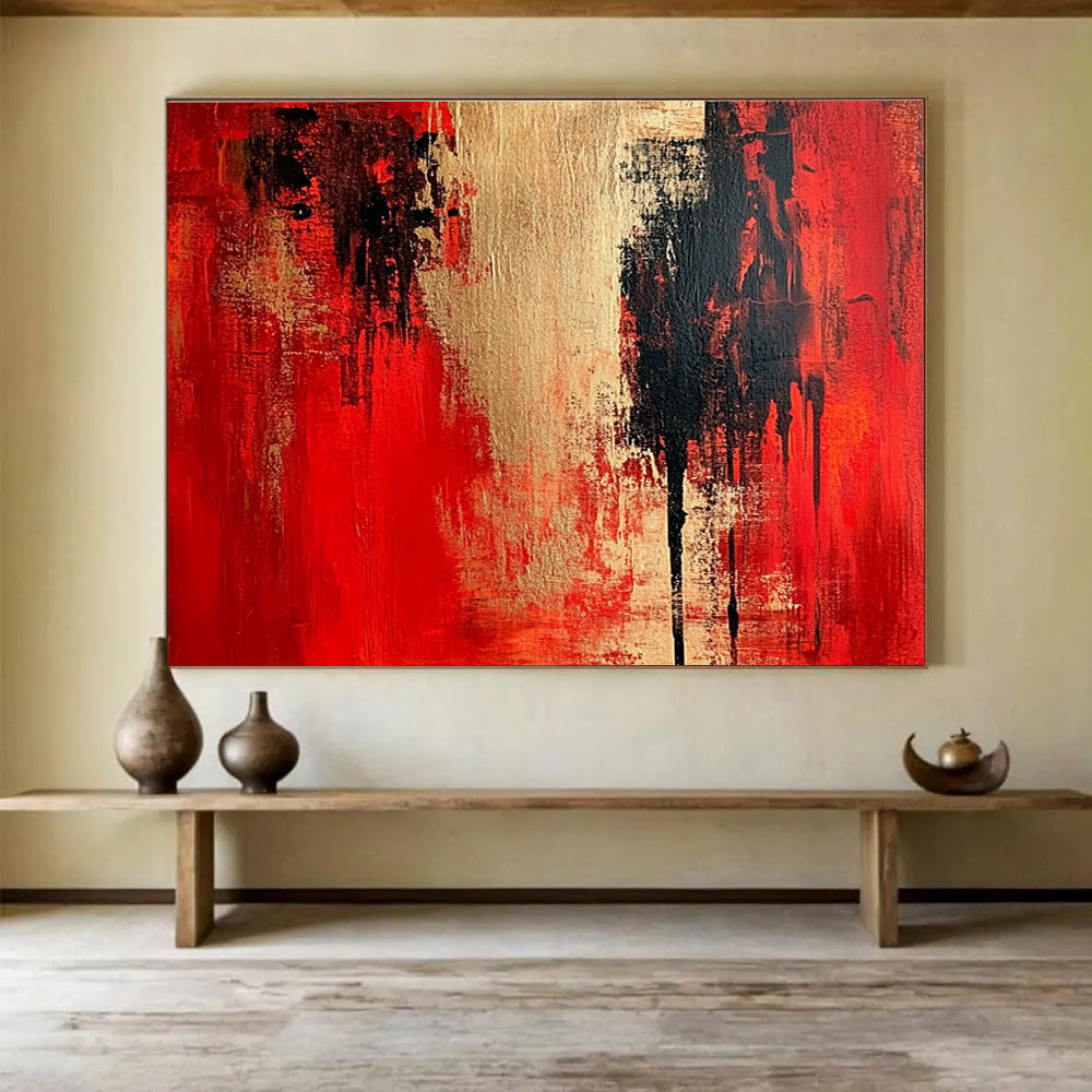 Large abstract painting featuring textured red and beige, vintage oil color palette, high resolution, detailed, and high contrast art inspired by Carolee Schneemann.SC272