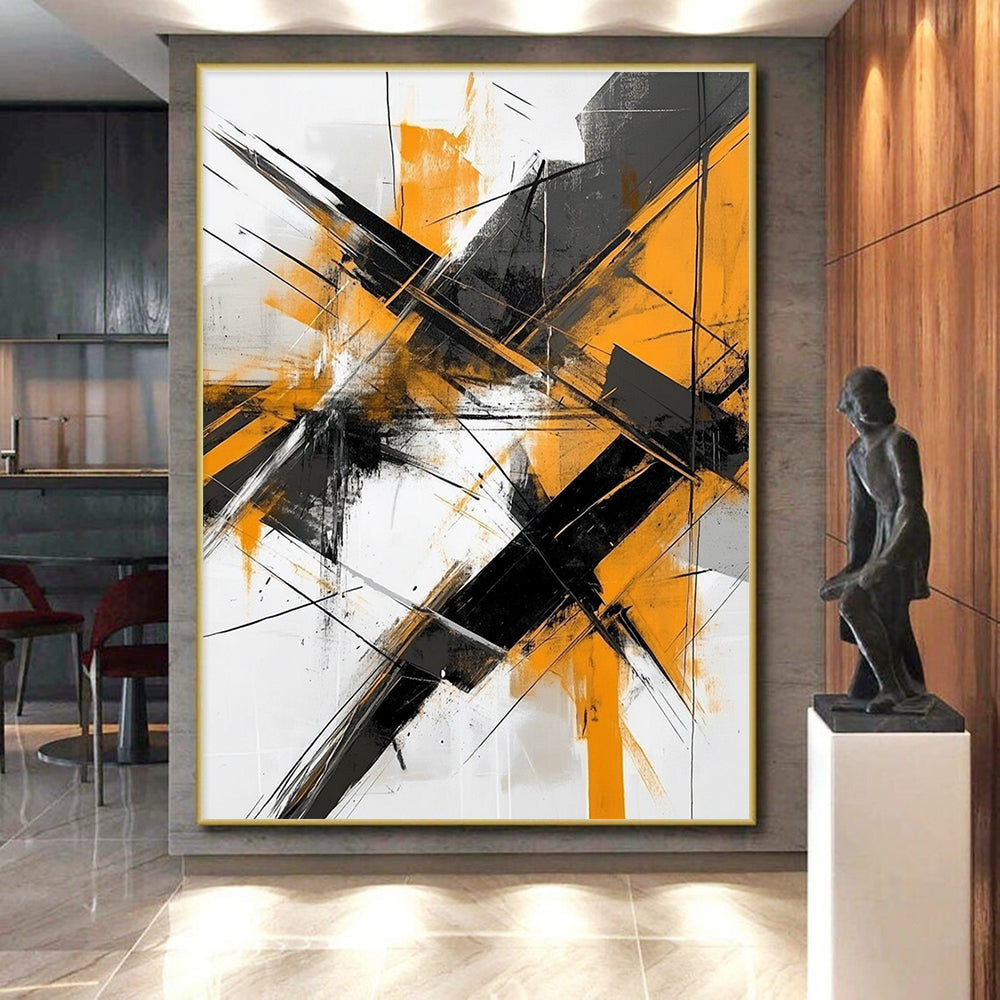 Dynamic Orange - Black Abstract Painting with Gray and White GER324