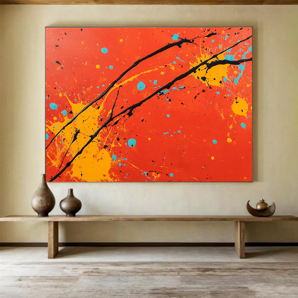 An abstract painting featuring a red background with orange and yellow splashes black lines and light blue accents in the style of Jackson Pollock.SC531