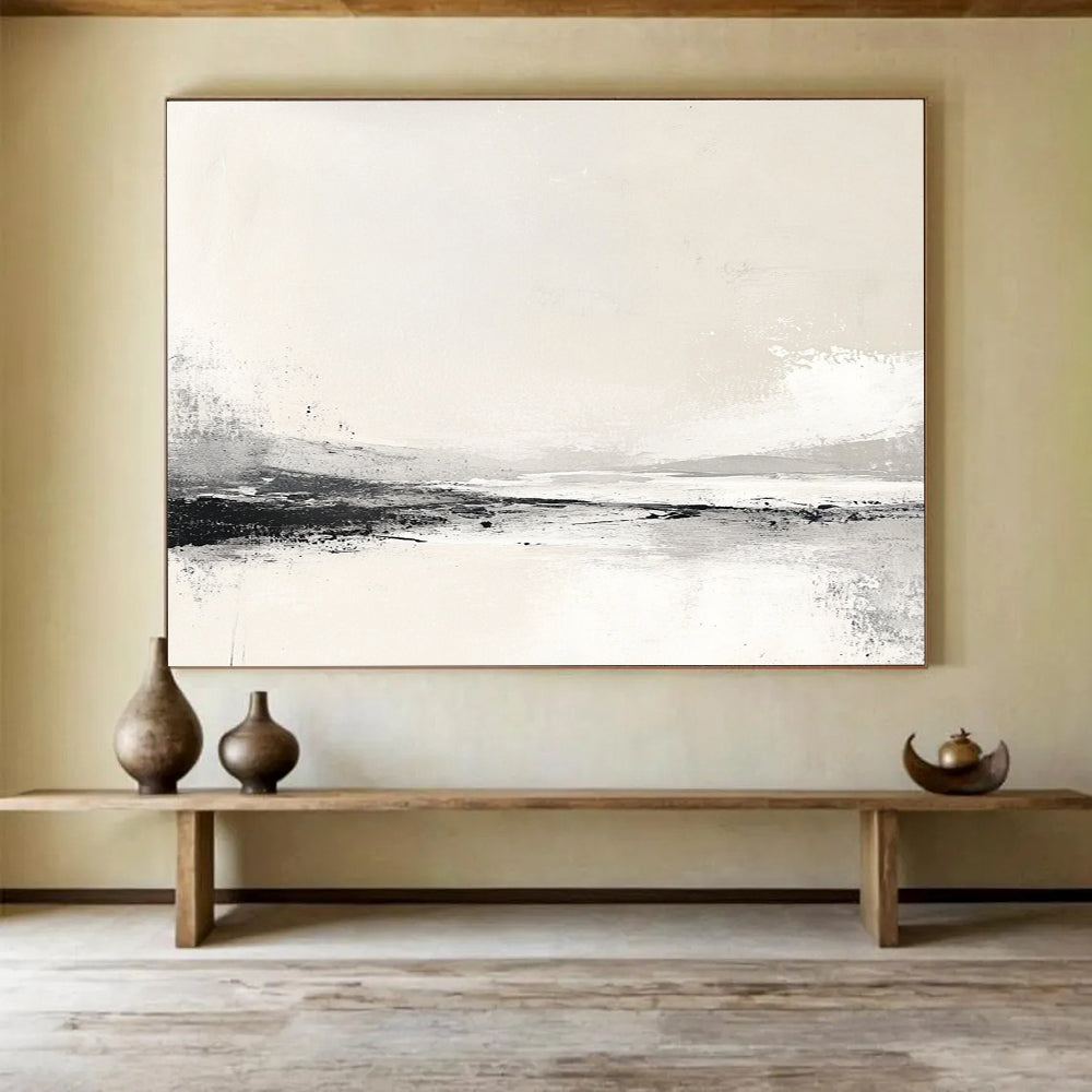 Large abstract painting inspired by the Arctic with neutral beige and grey tones creating a serene minimalist atmosphere.SC095