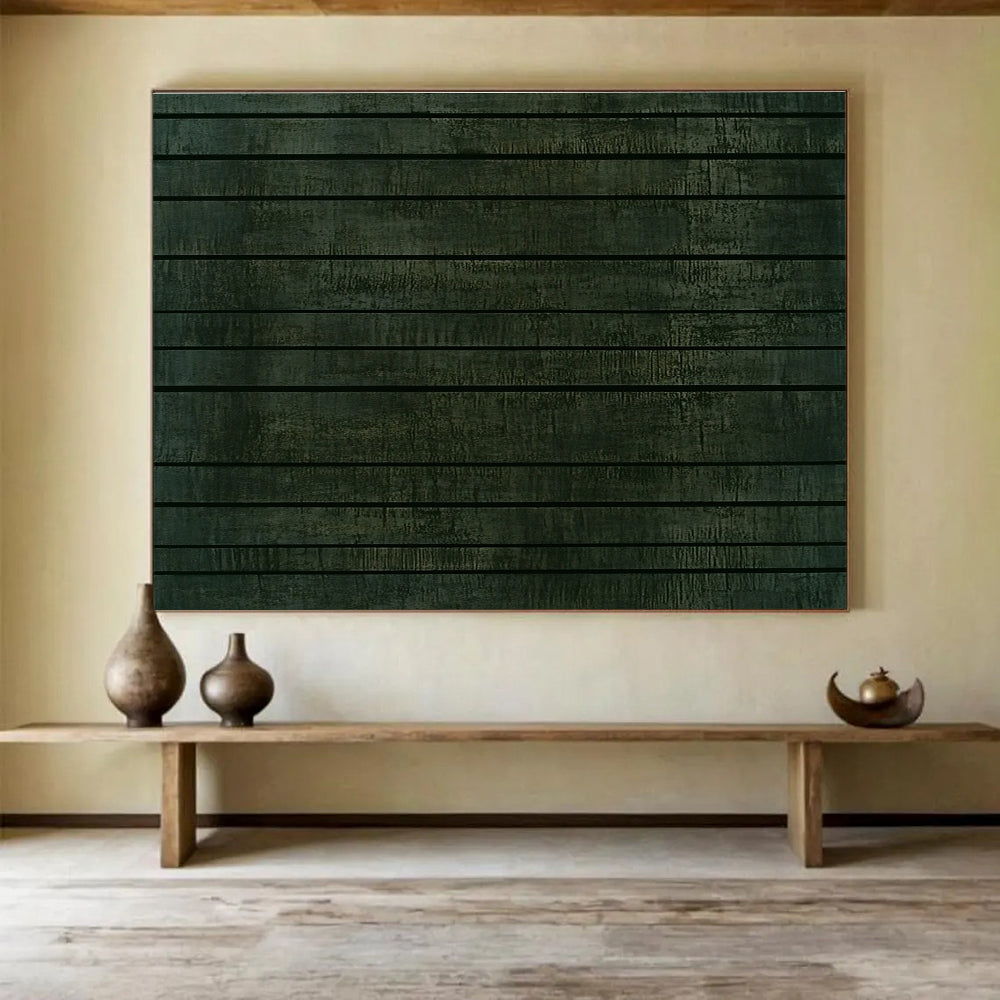 Large abstract painting featuring a textured dark green wall with horizontal stripes, evoking ancient Chinese architectural elegance.SC458