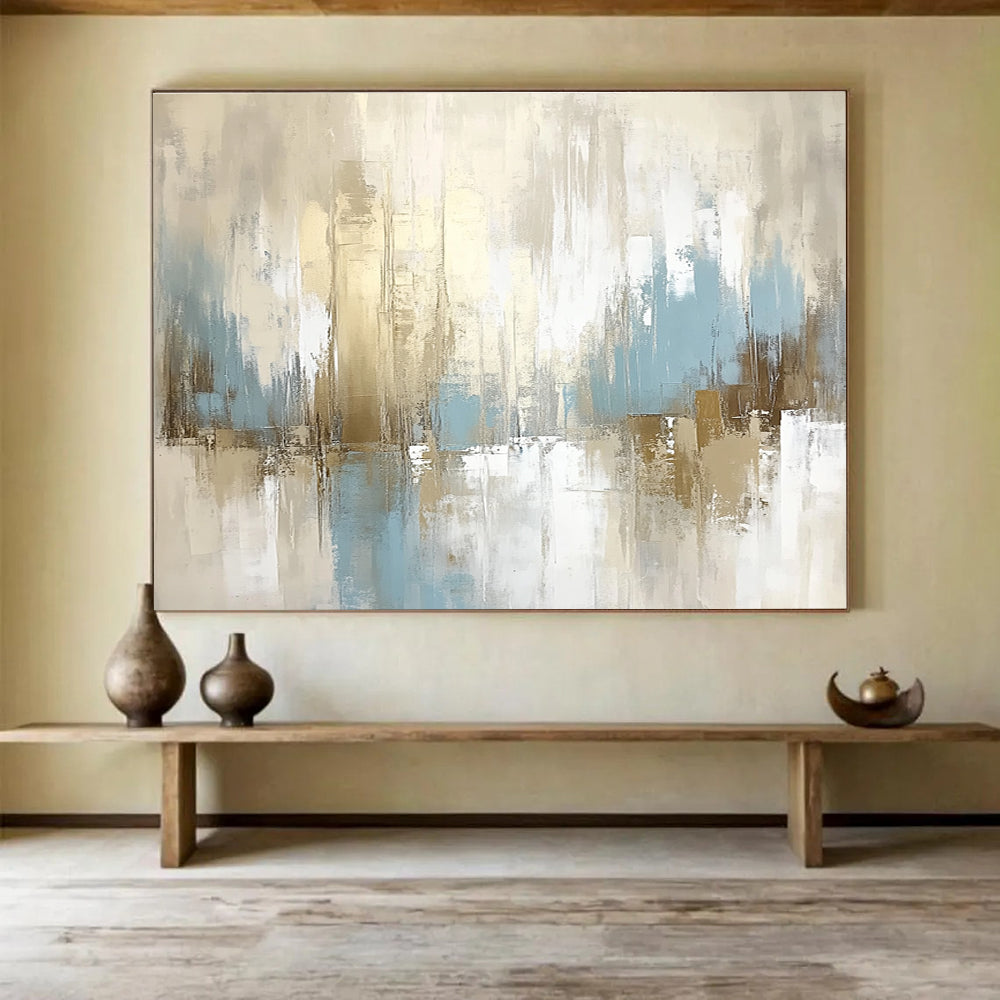 Large abstract painting in beige and white with light blue accents featuring soft tones and dreamy atmosphere for an elegant and tranquil space.SC097