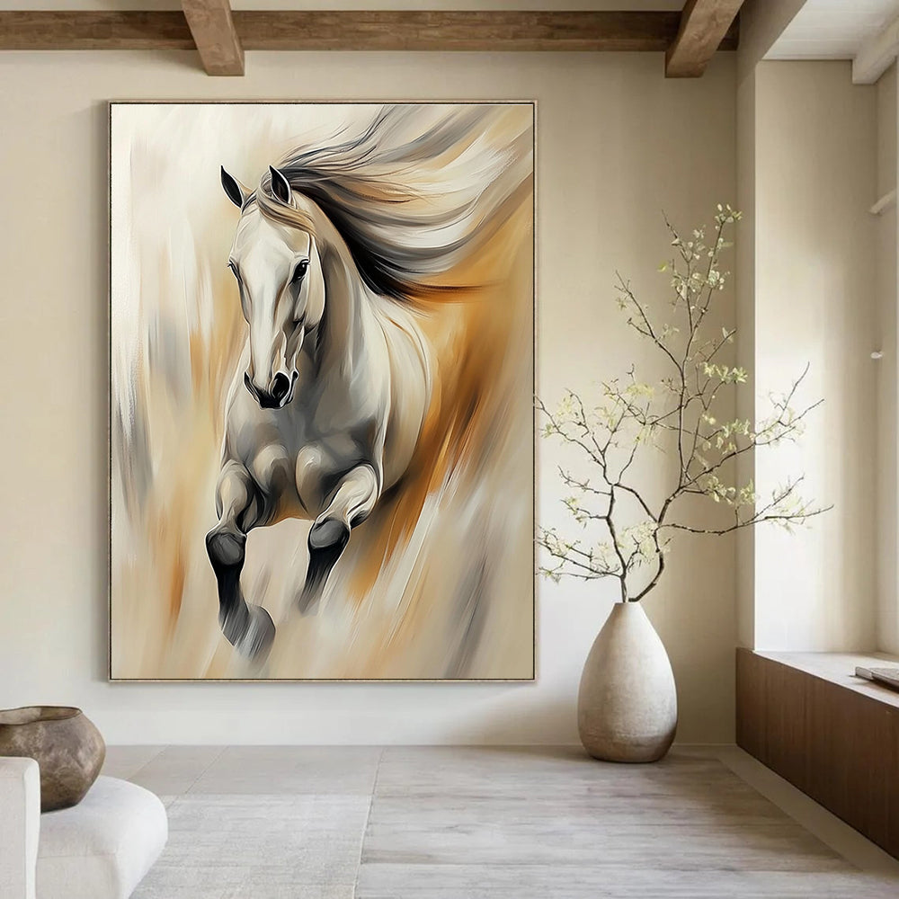 A large abstract painting of an elegant horse in soft colors featuring thick brush strokes and blurred edges with dynamic lighting effects.STSC896