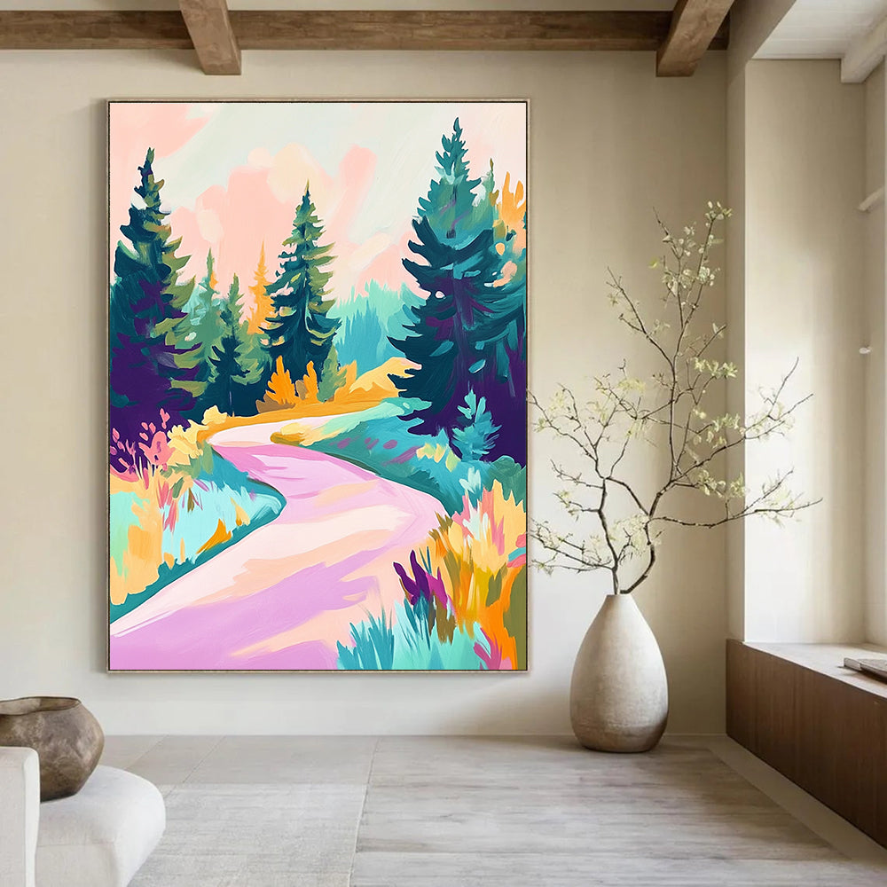 Abstract painting featuring an alpine road with pine trees in shades of teal purple pink and yellow using a soft-focus acrylic technique.STSC1019