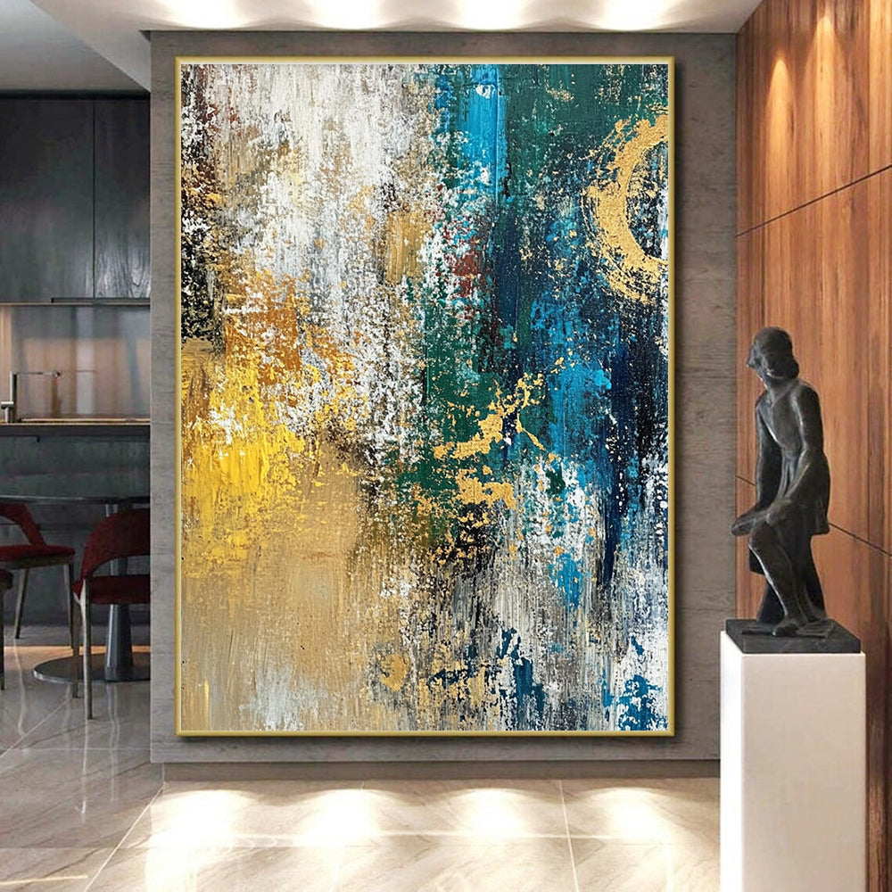 Gold Teal and White Abstract Painting with Textured Gold GER686