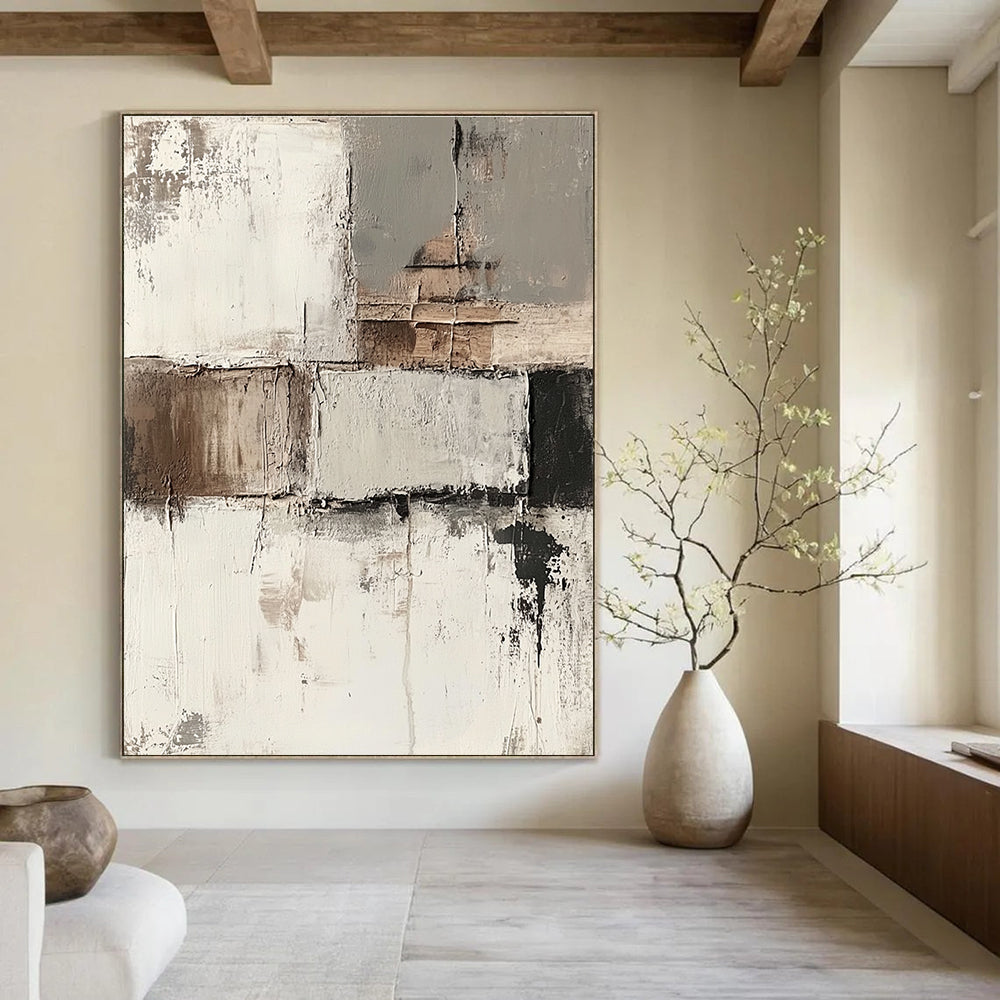 Abstract painting featuring impasto techniques with muted neutral tones and faded architectural elements on a soft grunge background.STSC424