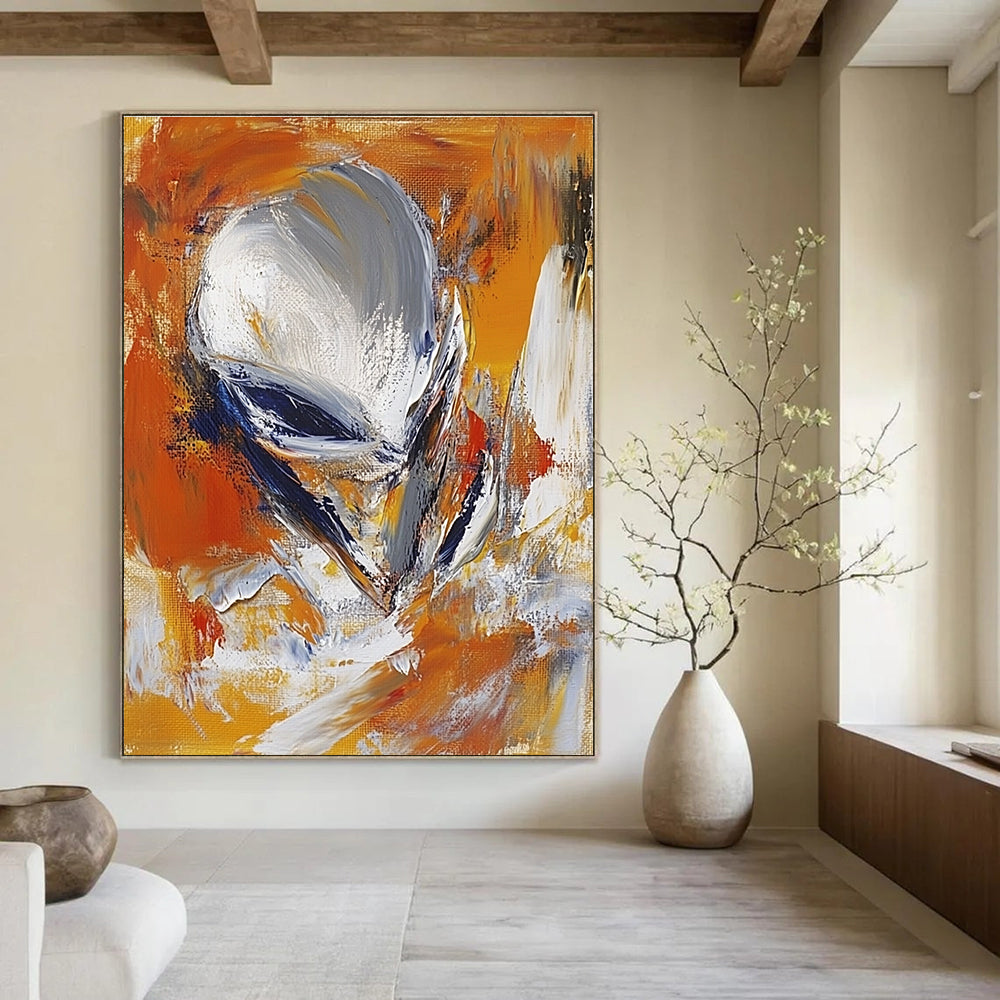 Large abstract painting in the style of James Britton featuring an alien figure in orange and white with blurred brush strokes.STSC626