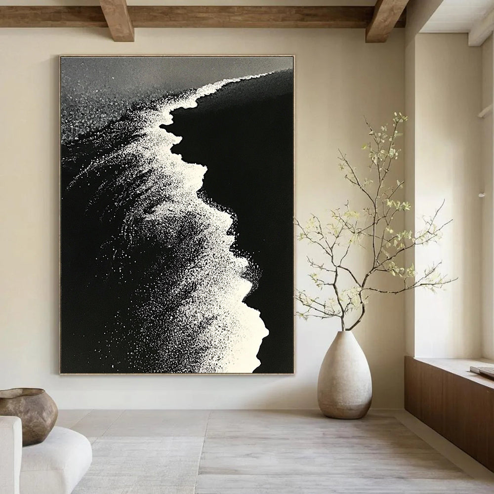 Large abstract painting of ocean waves blending into a white beach with contrasting black sand captured in a dynamic perspective.STSC1430