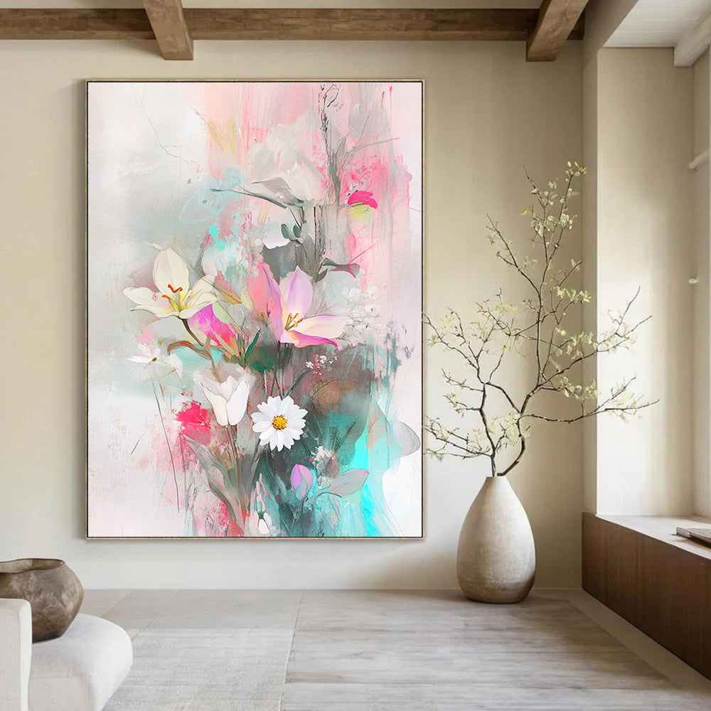 A large abstract painting featuring ethereal floral arrangements in soft pastels with a delicate bird figurine symbolizing harmony in nature.STSC857