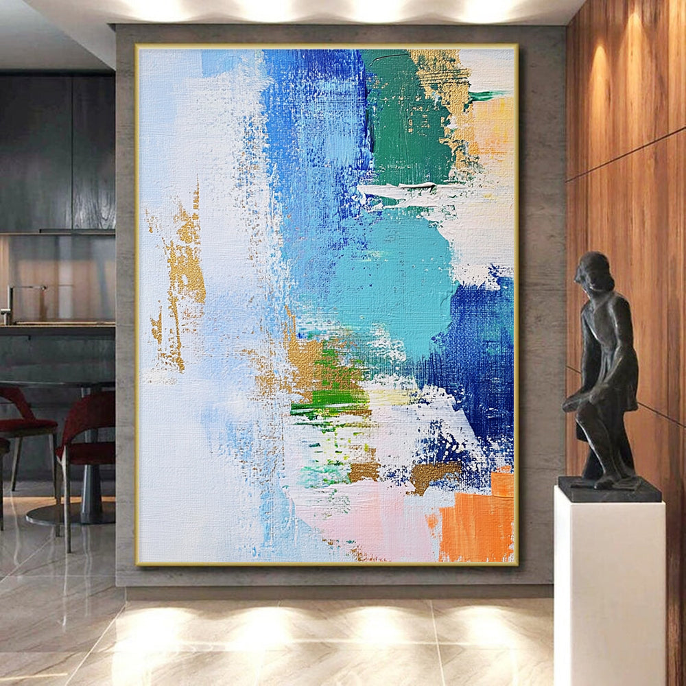 Blue Green and Gold Abstract Painting with Dynamic Brushstrokes GER616