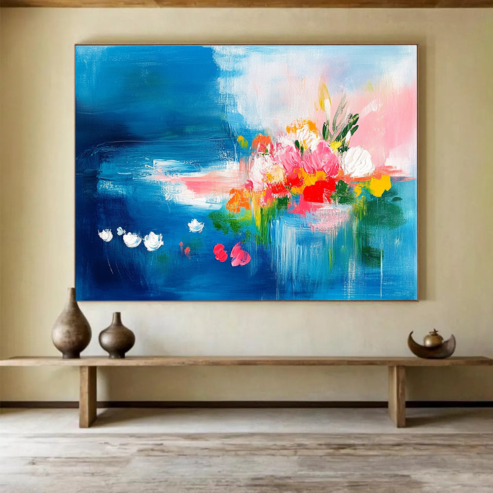 Abstract painting featuring vibrant pink and turquoise flowers on a blue background with green leaves and bright clouds, creating a joyful and dynamic atmosphere.SC235