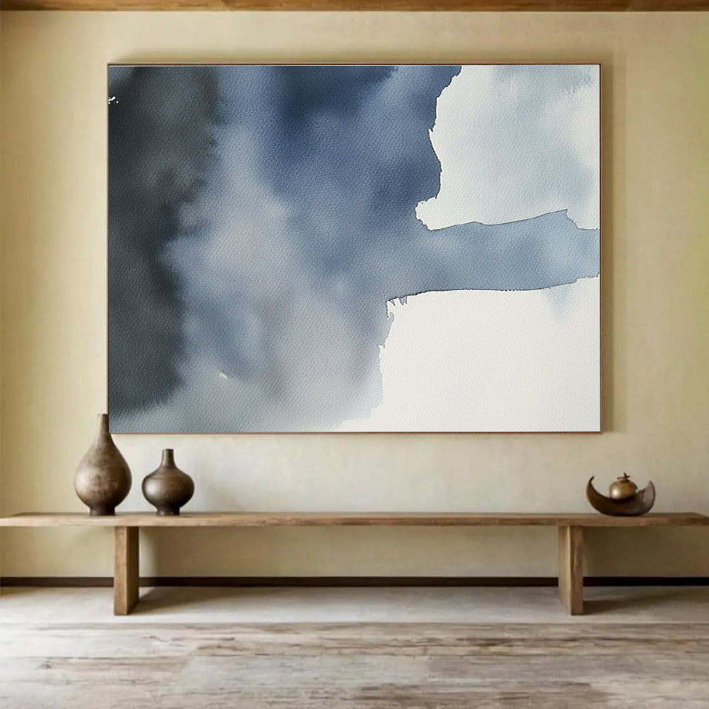 Large abstract painting featuring a gray sky over an ocean in dark blue and light gray tones, evoking serene and calm emotions.SC618