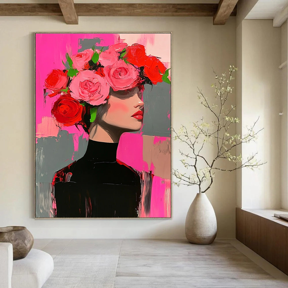 Abstract painting of a woman in a black dress adorned with pink and red roses, set against a pink and grey background.STSC1392