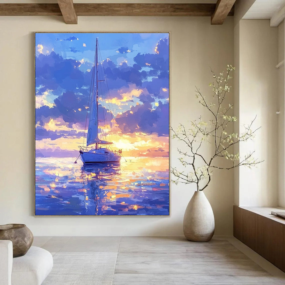 A large abstract painting featuring a sailboat on a dreamy sea under a soft blue sky with glowing water reflections and ethereal colors.STSC1170