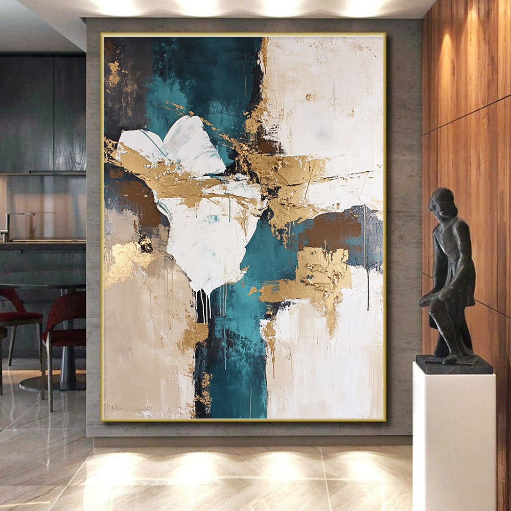 Teal and Gold Abstract Painting with Fluid Shapes GER447