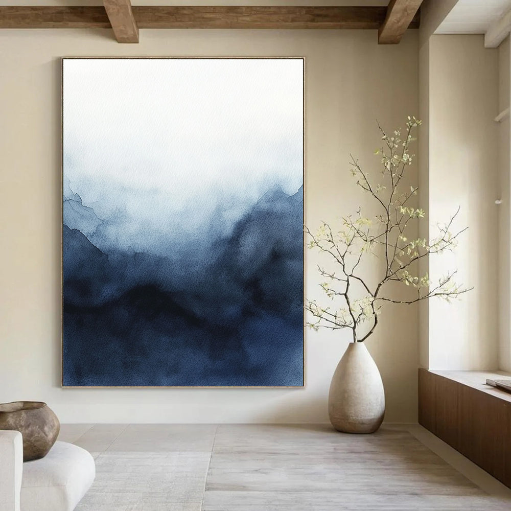 Large abstract watercolor painting of a stormy sky featuring dark blue and gray hues on a white background for striking contrast and minimalist elegance.STSC498
