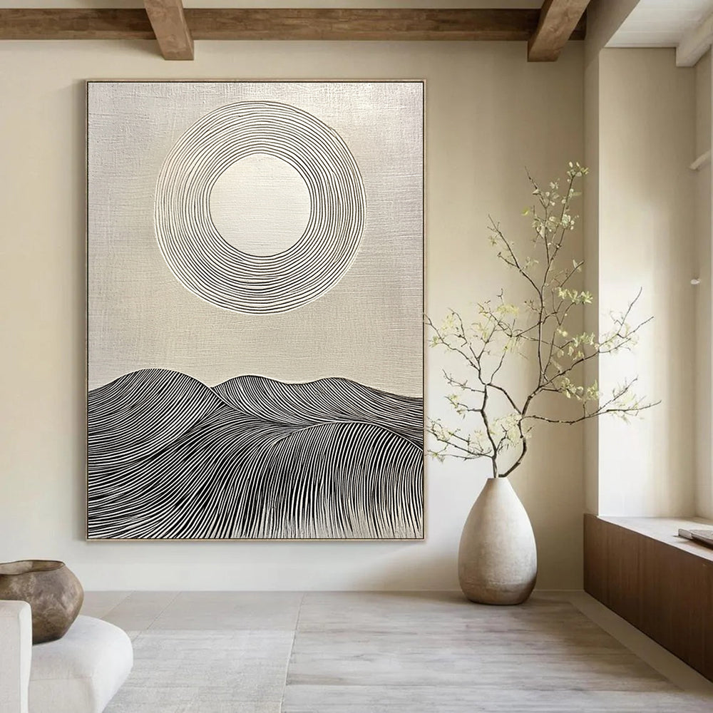 Large abstract painting featuring a circular white sun on textured background with rolling hills and clean lines for a modern aesthetic.STSC1029