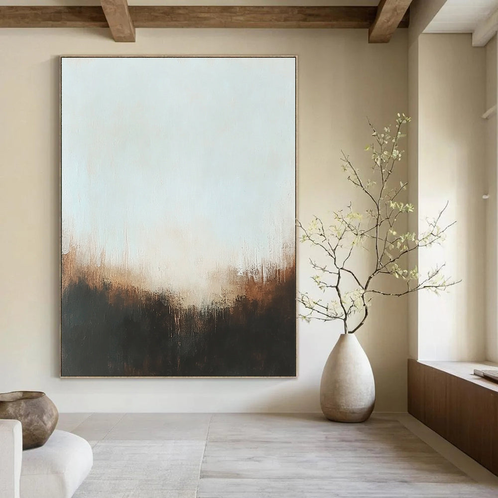 Large abstract painting with muted colors and soft edges featuring a foggy atmosphere and hints of gold accents in a low-key lighting.STSC099