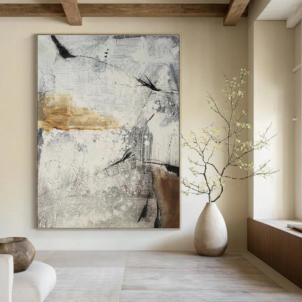 Gray and White Geometric Abstract Painting with Textured Layers ADGE338