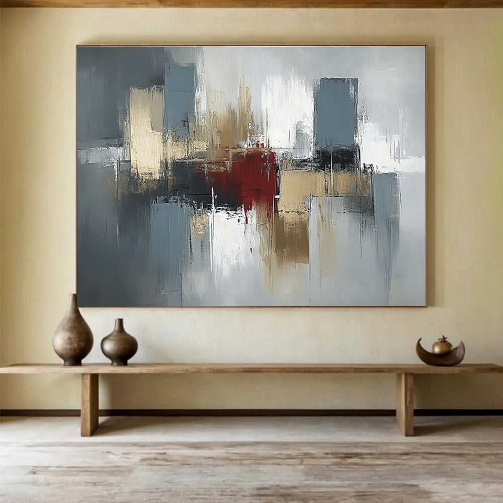 Gray Gold and Red Abstract Painting with Urban Inspirations DYP403