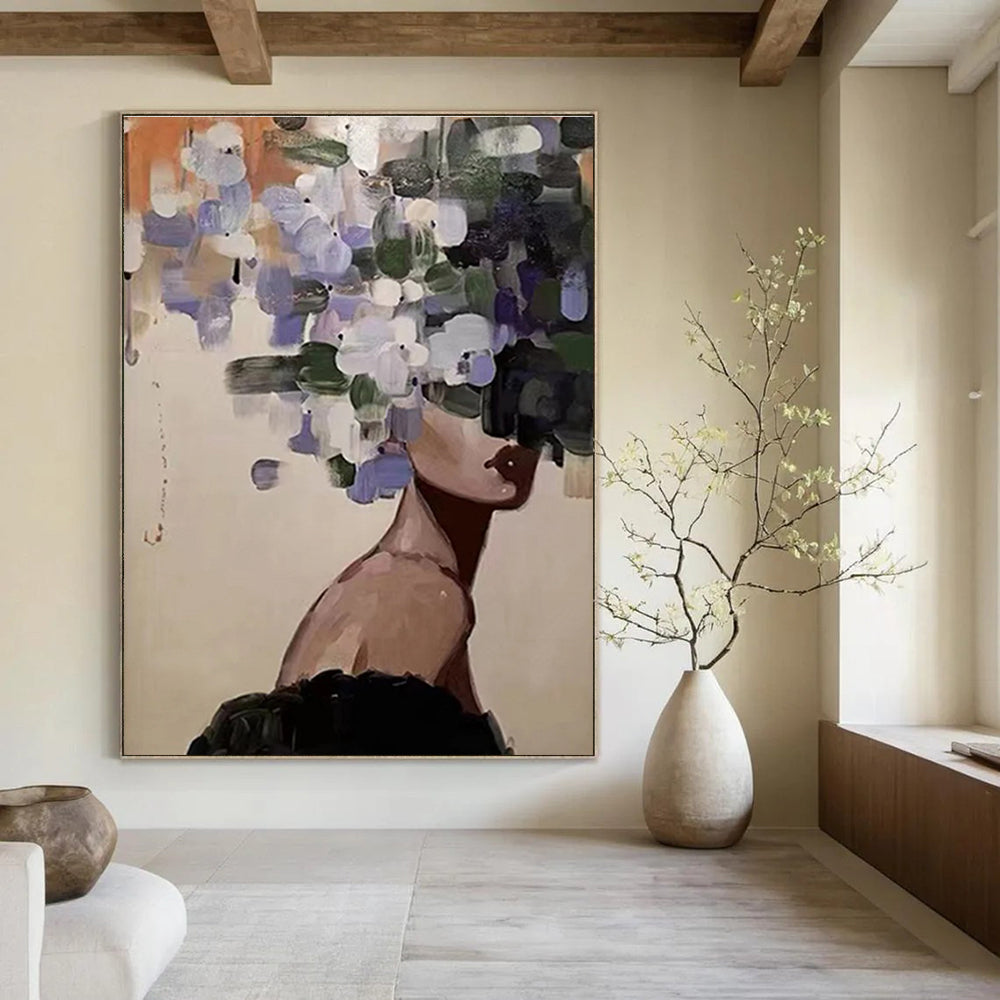 Figure with Flower Head Abstract Painting in Purple and Green ADGE309