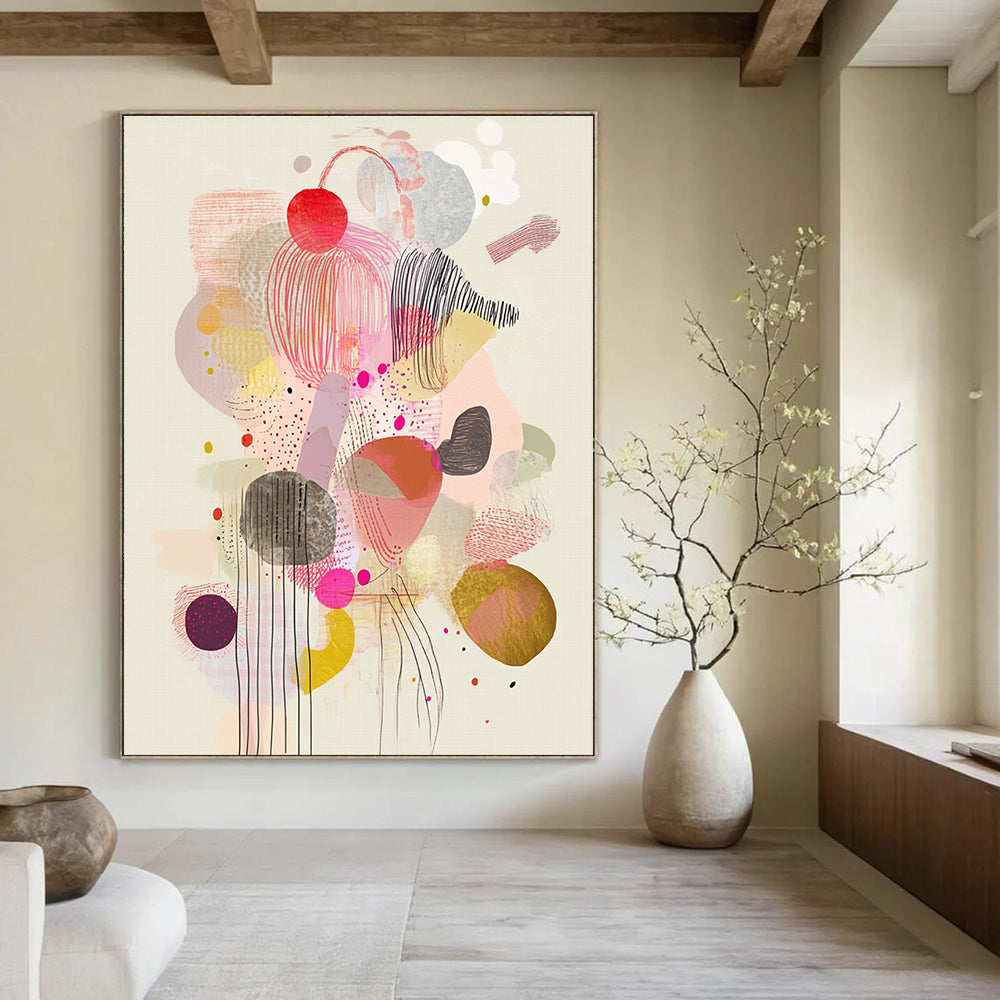 Large abstract artwork featuring whimsical floating shapes and patterns in soft pastels, showcasing bubbles ribbons and organic forms for playful visual depth.STSC1234