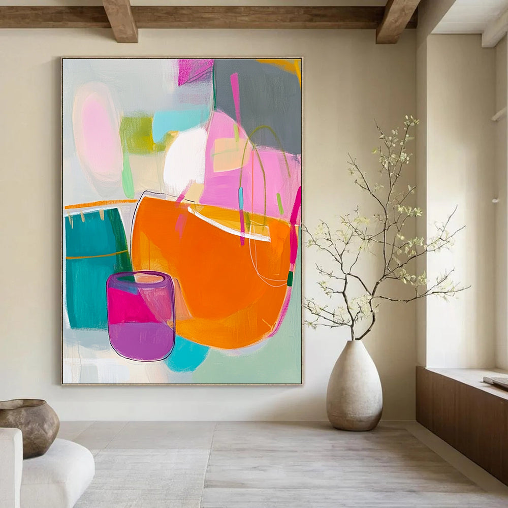Abstract painting features pink green yellow shapes with an orange handbag blue box and purple jar on a soft gray background.STSC788