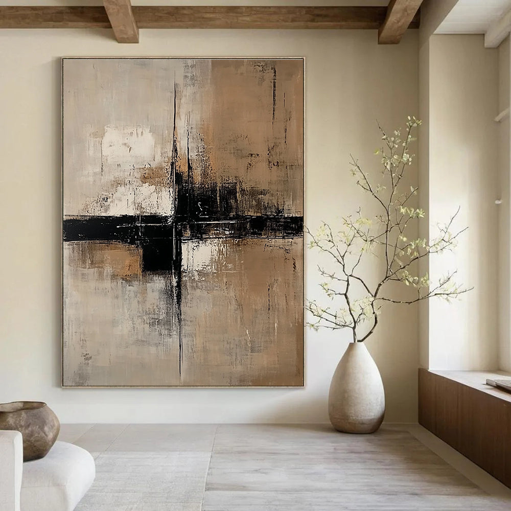 Large abstract painting featuring neutral tones of beige and white with black accents and large vertical lines on a dark gray background.STSC238