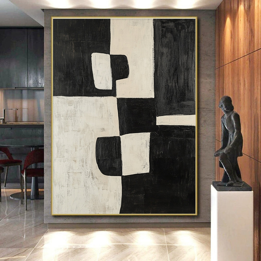 Black and White Abstract Painting with Textured Blocks GER669
