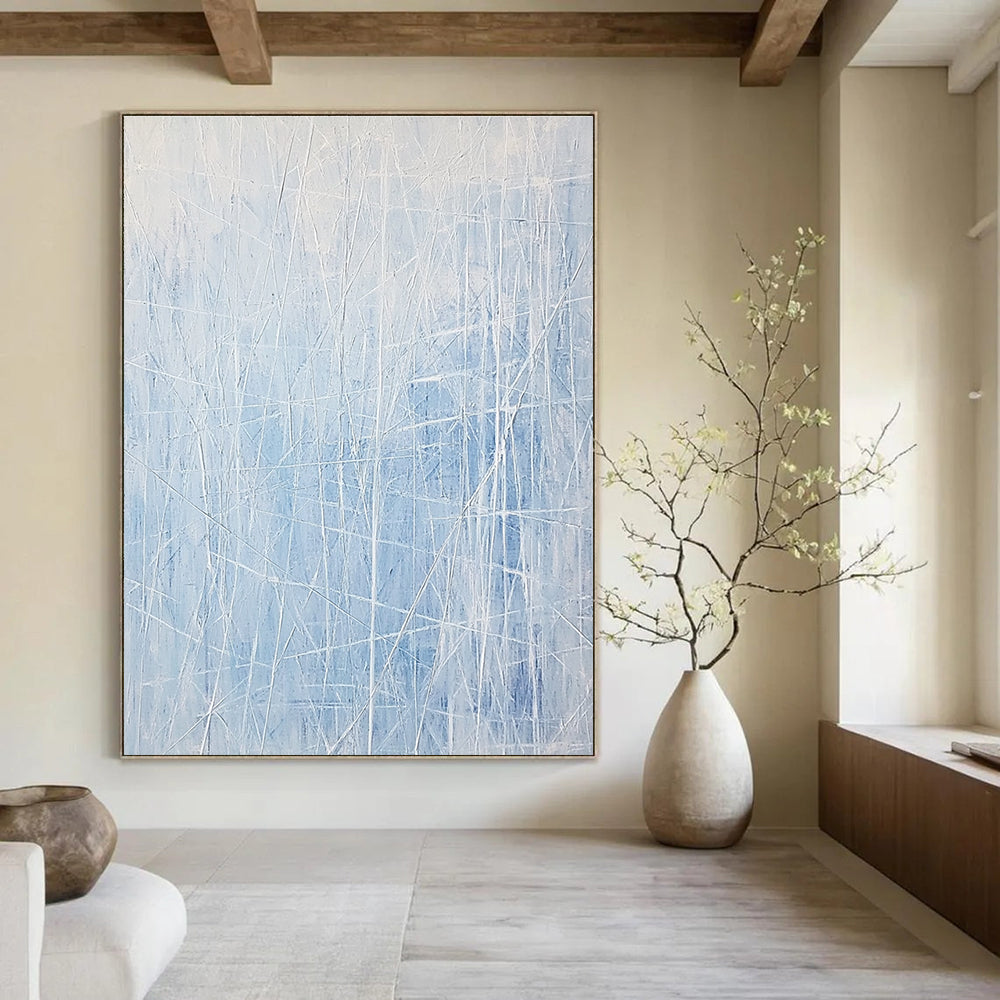 Large abstract painting featuring light blue and white lines resembling an icy landscape with vertical lines and scattered ice formations.STSC317
