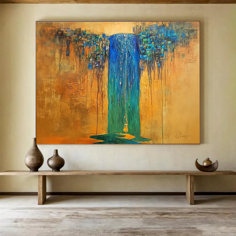 A large abstract painting featuring an ancient waterfall in blue and green hues with a crystal-haired figure under gold sunlight.SC334