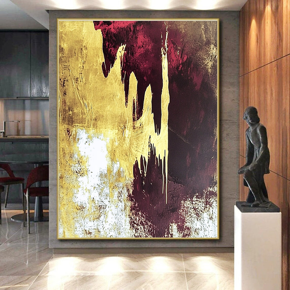 Gold and Burgundy Abstract Painting with Dripping Effects GER602