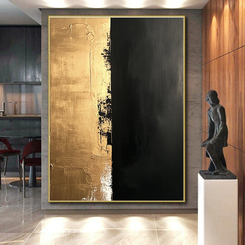 Gold and Black Textured Divide Abstract Painting with Contrasting Hues GER019