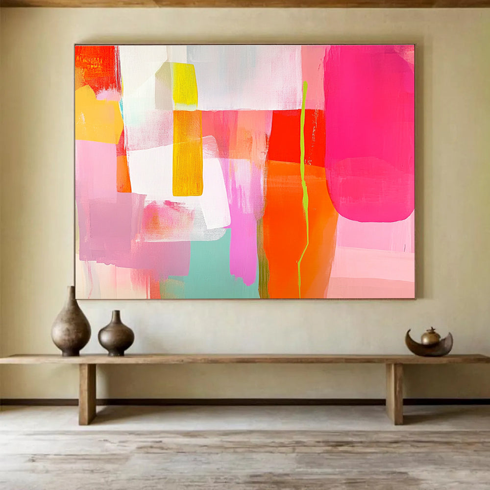 Colorful Geometric Abstract Painting with Pink Yellow and Green DYP415